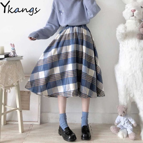 Kawaii Harajuku Vintage Wolle Plaid Röcke Damen Kleidung Japanischer Stil elastisch Hohe Taille A-Linie Plissee Puffy Midi Rock 210619