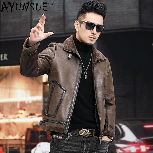 

men's leather & faux ayunsue short 100% real wool lining coat male winter 2021 black casual suede jacket fur coats chaqueta cuero hombr