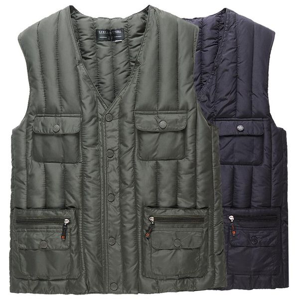 

men's vests autumn winter down cotton vest v-neck multi pocket outdoor pography fishinghy climbing sleeveless x -4xl jacket, Black;white