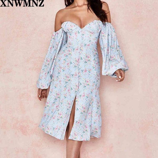 

za women autumn floral print dress vintage puff sleeve mid-calf women' sundress casual bohemian beach vestidos 210513, Black;gray