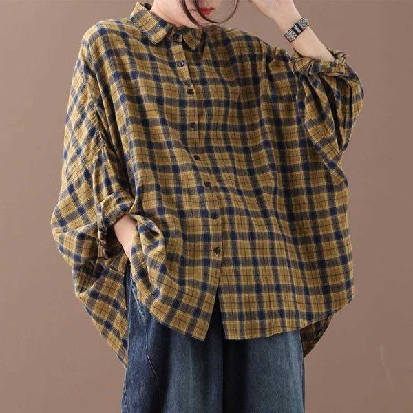 

women's blouses & shirts arrival spring autumn arts style women batwing sleeve loose shirt cotton plaid turn-down collar c o4a0, White