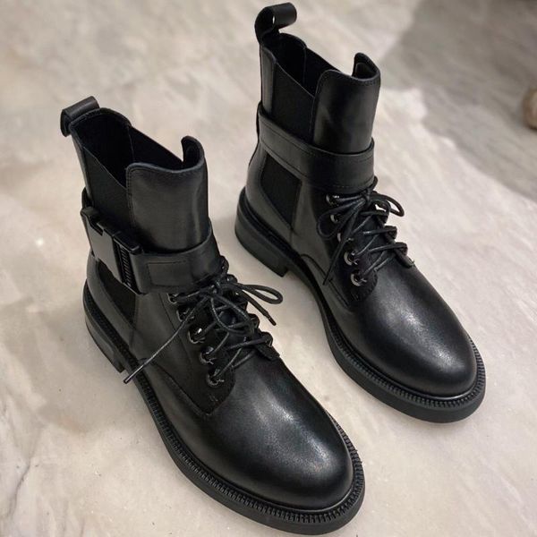 

boots motorcycle women ankle real leather square heel elastic lace up fashion designer woman shoes, Black