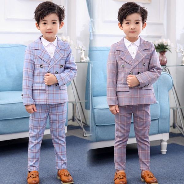 

suits formal children plaid dress suit sets flower boys wedding party host costume kids 2-breasted blazer pants 2pcs clothes, Black