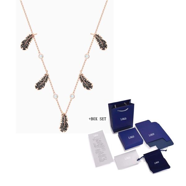 

chains fashion jewelry swa naughty beam necklace feather shape black pave diamond rose gold chain women's luxury gift, Silver