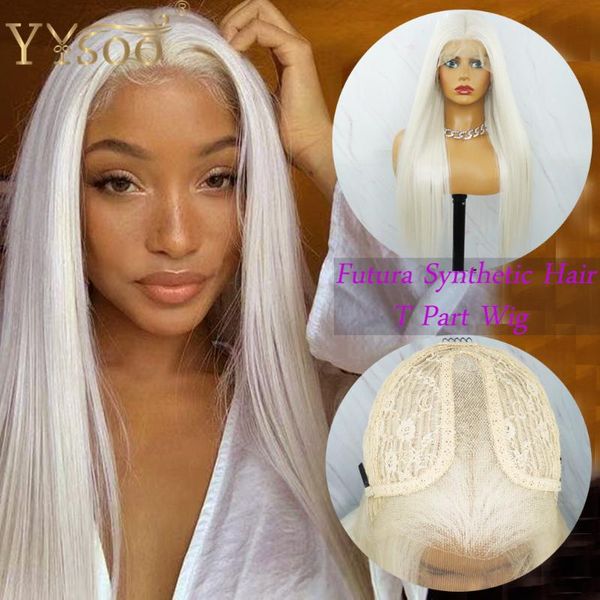

yysoo #60 color long futura synthetic hair t part wigs for women silky straight japan heat resistant fiber 13x2 lace front wig, Black