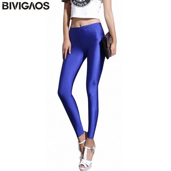 

bivigaos fluorescent color leggings pants women's ice silk spandex elastic multicolor shiny glossy for women 211204, Black