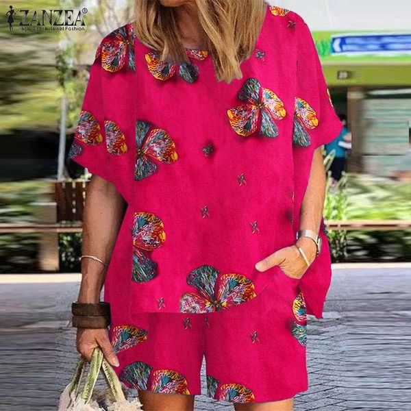 

women's tracksuits 2pcs summer sets vintage floral printed loose short casual matching beach sleeve blouse suits, Gray