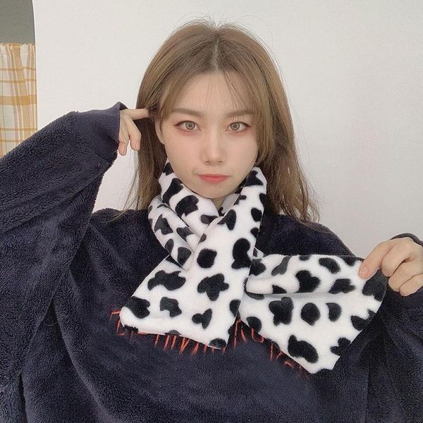 

scarves winter warm shawl wraps black and white cow spots print imitation fur collar scarf neck warmer plush furry cross, Blue;gray