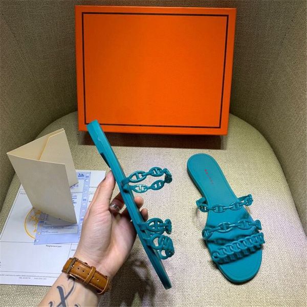 

2021 summer new h family pig nose slippers jelly flat bottom three chains one line beach casual solid color women's shoes l3mm zmm, Black