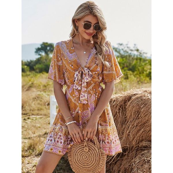 

boho dresses for women casual dress vintage beach tunic capes ladies beachwear print floral bowknot bind, Black;gray