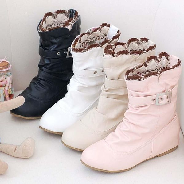 

boots women pu ankle springautumn comfort shoes fashion buckle flat girl platform l8nk, Black