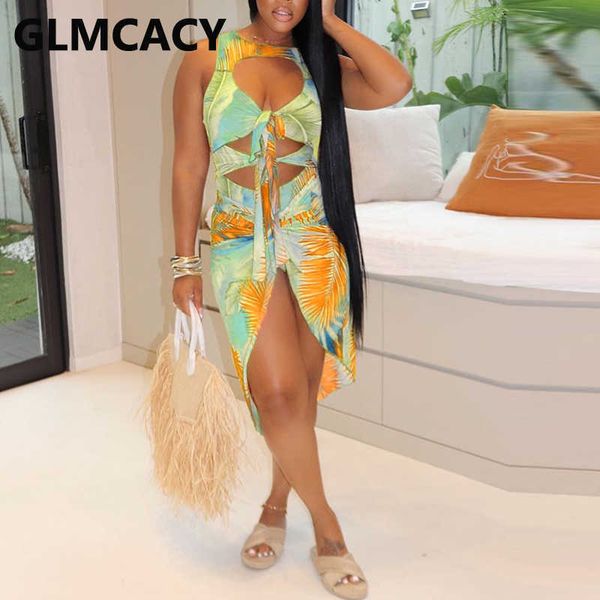 

tropical printed tie front cut out bodycon midi dress 210702, White