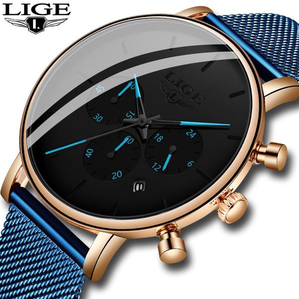 

wristwatches relogio masculino lige mens watches stainless steel waterproof analog quartz watch for men mesh belt date clock, Slivery;brown