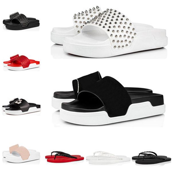 

wholesale men slippers rivets shoes red bottom scuffs luxuryss sandals summer beach designerss triple black white leather mens casual flat s