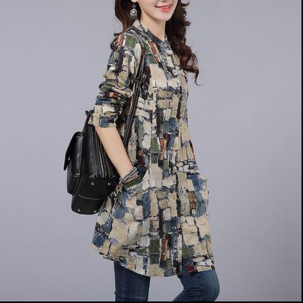 

long vintage cotton linen plaid women blouses sleeve stand collar casual and, White