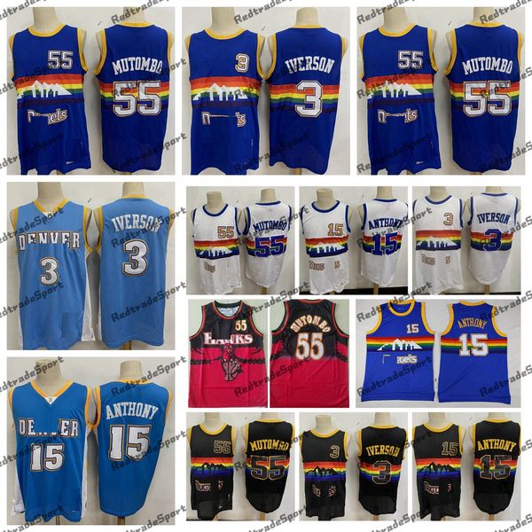 Mi08 Vinatge NCAA 1992 Maglie da basket Rainbow 55 Dikembe Mutombo 3 Allen Iverson 15 Carmelo Anthony Camicie in maglia blu cucita