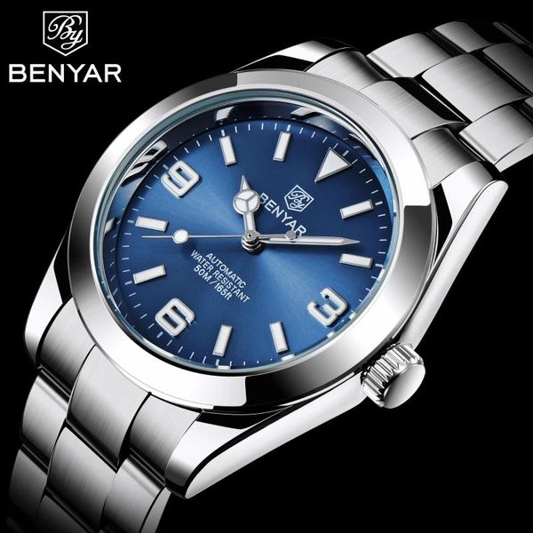 

wristwatches 2021 benyar mechanical mens watch business men automatic wristwatch waterproof stainless steel, Slivery;brown