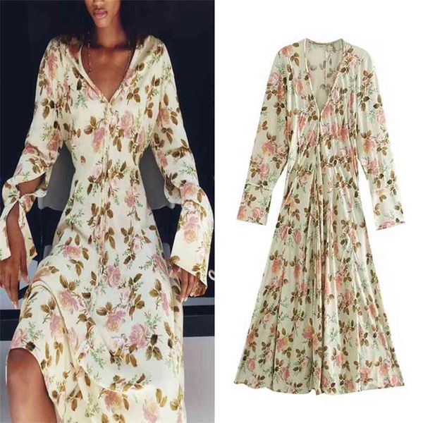 

dress woman floral print midi women v-neck long sleeves vents on the cuffs hem side vent casual laddies es 210519, Black;gray