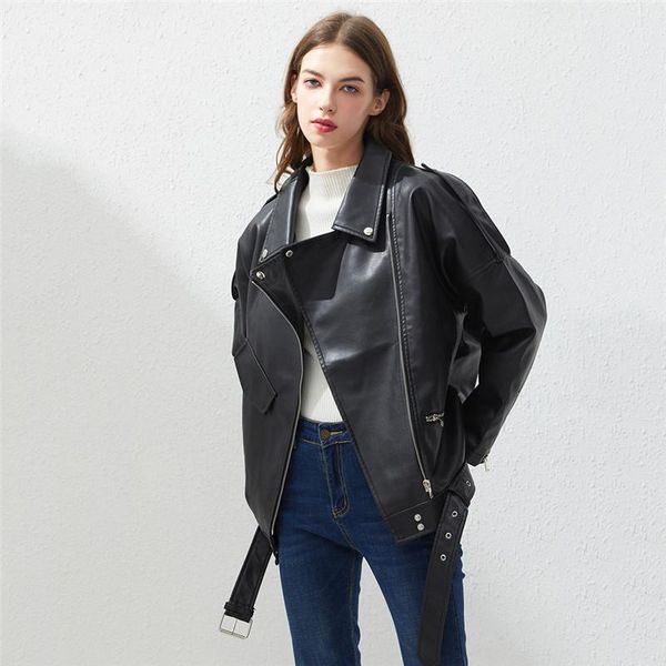 

women's leather & faux 2021 autumn jacket women black motorcycle coat with belt bf style loose casual biker outwear