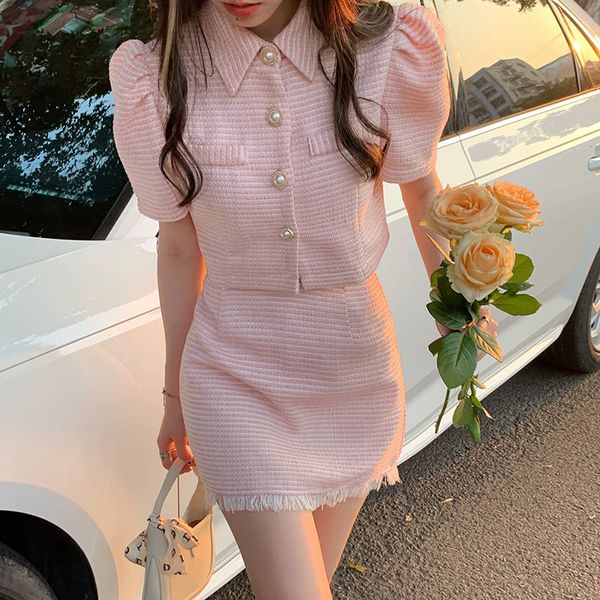 

two piece dress korean summer pink 2 set women skirt short sleeve crop and high waist tassle mini bodycon outfits vintage 9r9, White