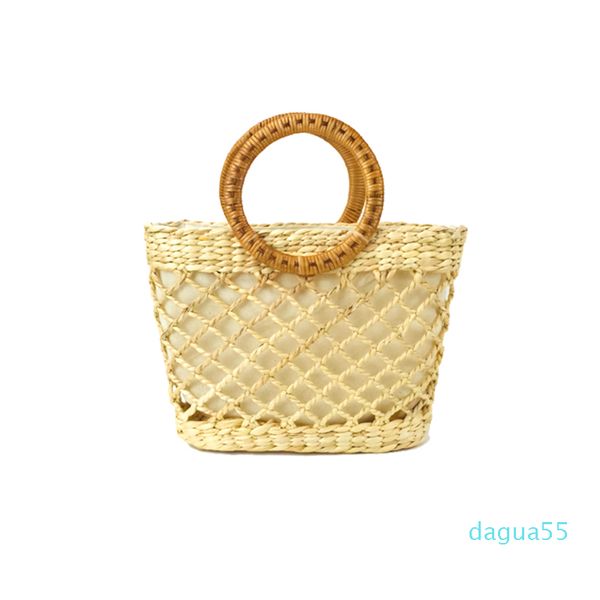 

yeseeme natural environmental protection straw woven hollow bag large capacity retro wooden handle handbag