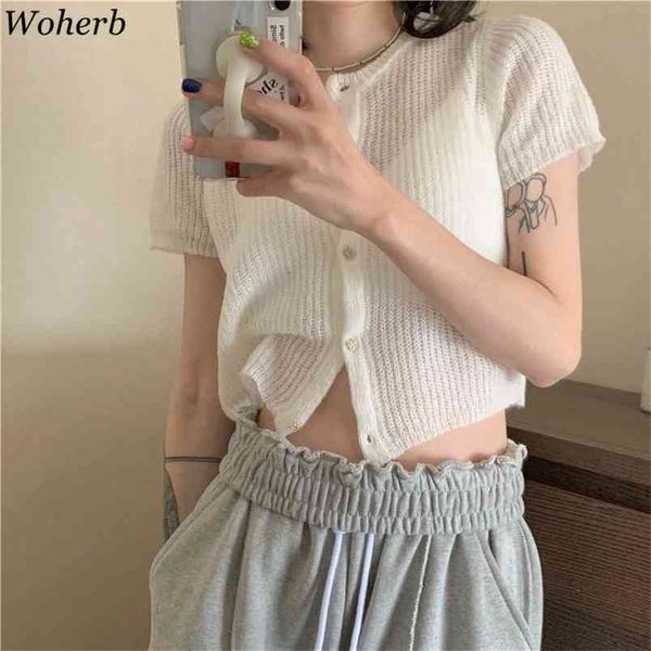 

women knitted cardigan summer simple o neck see through thin slim fit sweater korean solid short sleeve crop 210519, White