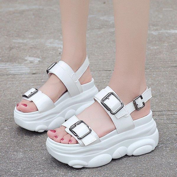 

rimocy 2021 summer women white platform sandals fashion metal buckle casual wedge shoes woman thick sole chunky sandalias mujer1, Black