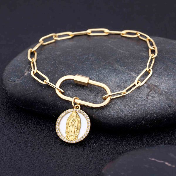 

new arrival our lady of guadalupe virgin mary copper zircon bracelets for women crystal pendant gold christian jewelry gift, Golden;silver