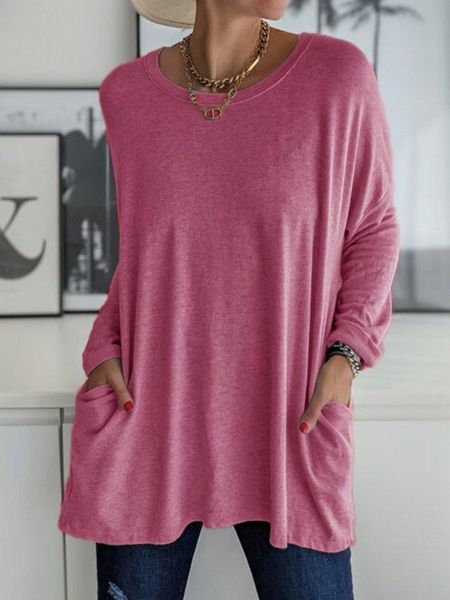 

women's t-shirt women spring summer round neck long sleeve loose pocket solid casual, White