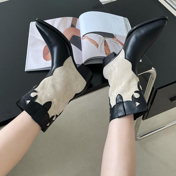 

boots 2021 women color match pointed toe pu leather western cowboy mid-calf block heel shoes punk motorcycle booties, Black