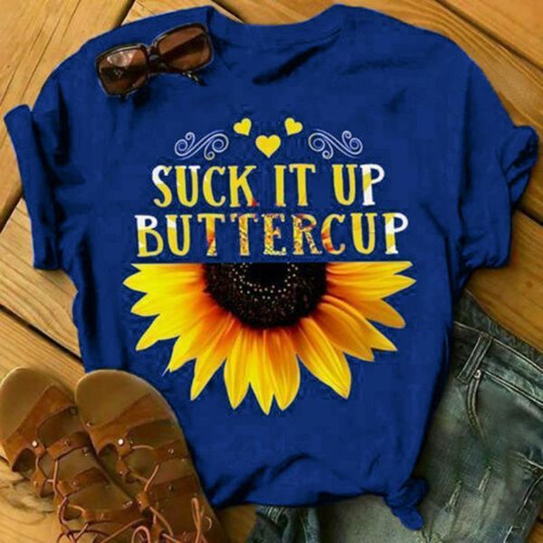 

suck it up buttercup womens sunflower letter printed casual short sleeve tee shirts female cloth, White