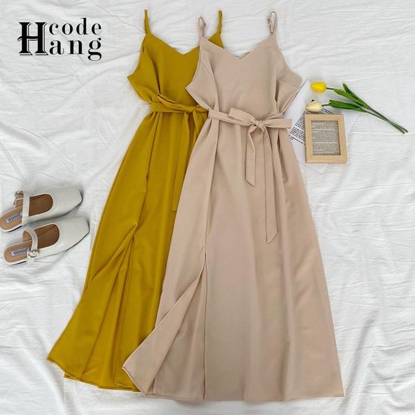 

hangcode casual spaghetti strap sash bandage summer dress women comfy split midi all match solid ladies party outfit dresses, Black;gray