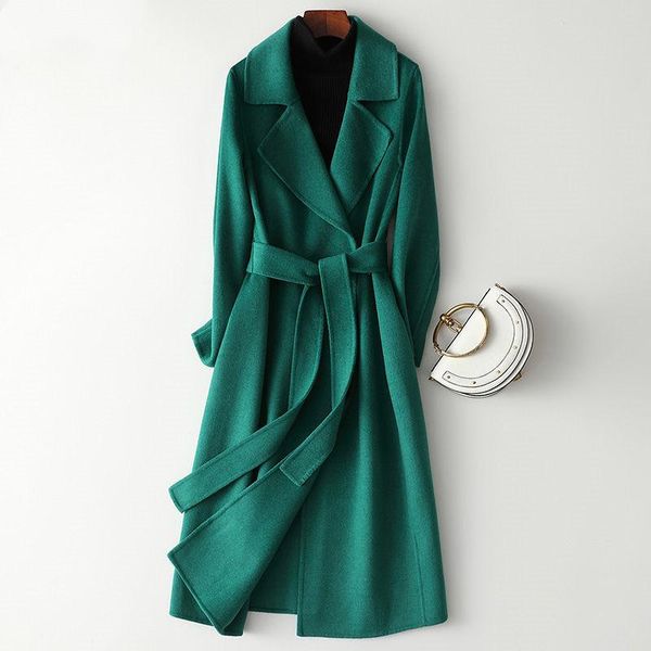 

women's wool & blends autumn winter bouble sided woolen cashmere coat women long slim jacket elegant belt ladies overcoat 2278, Black