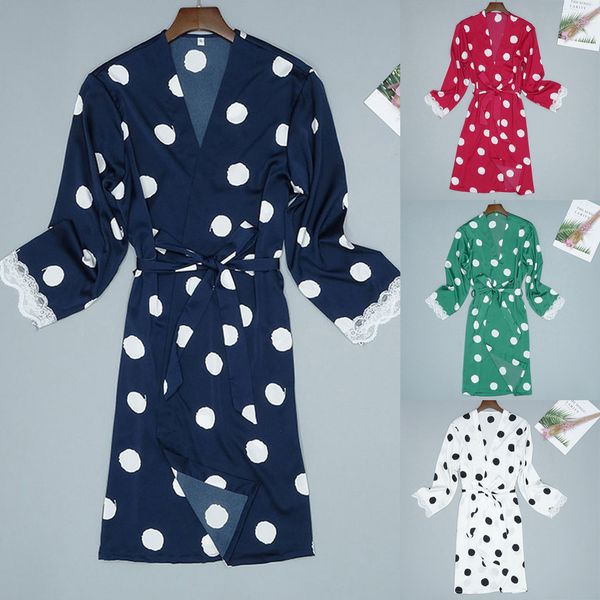 

women's sleepwear women bridesmaid robes satin fashion ladies dot printing lace pajamas robe long sleeve ropa femenina #41 0ja8, Black;red