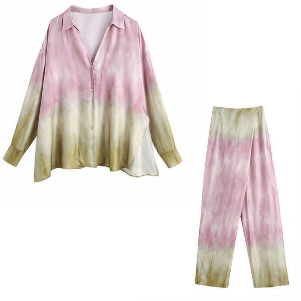 

za women tie dye 2 pieces set long sleeve shirt oversized blouse trousers suit fashion outfit pants sets 210930, White