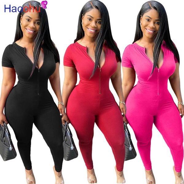 

women's jumpsuits & rompers haoohu sport solid women short sleeve zipper up jumpsuit active wear bodycon moto biker one piece overalls, Black;white