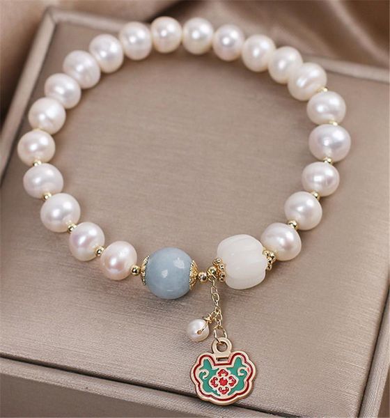 

beaded, strands habitoo fashion natural 9-10mm white near round freshwater pearl bracelet gold bead lucky lock pendant elasticity bangle jew, Black