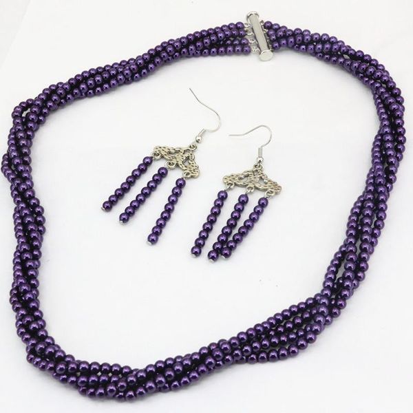 

earrings & necklace multicolor simulated-pearl shell beads 4mm 4 rows dangle for women round chain jewelry set 18" b3459, Silver