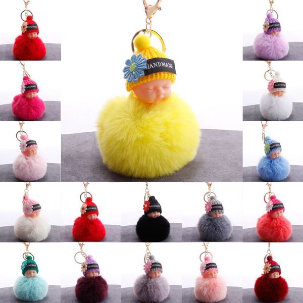 

kimter fashion key chains creative flower sleeping baby doll keychain fluffy fur pompom keyrings for women girls gift dhl h602q f, Slivery;golden