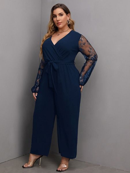 

plus contrast lace lantern sleeve belted jumpsuit w0kh#, Black