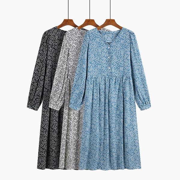 

spring autumn floral printed chiffon dress women vintage v neck small temperament korean style simple slim fit vestidos casual dresses, Black;gray