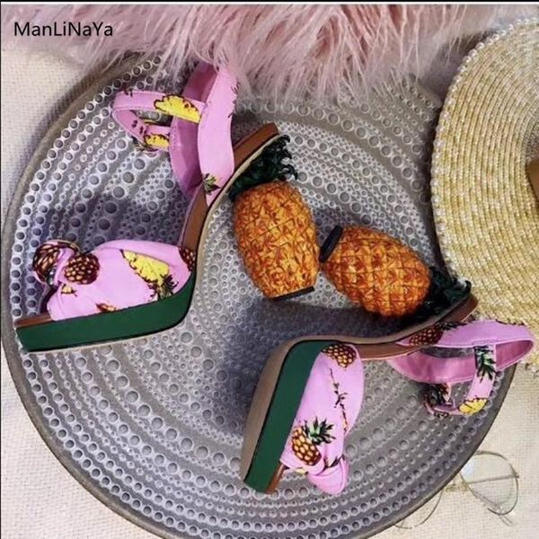 

strange style pineapple heel women party sandals print cloth butterfly-knot buckle strap woman sandal runway female summer shoes, Black