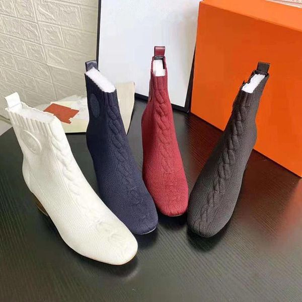 

boots socks round toe elasticity short winter slip on middle heel rubber shoes women mixed colors, Black