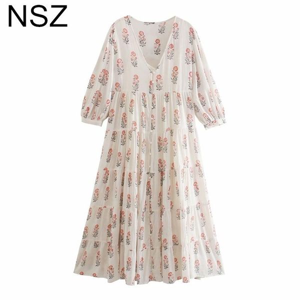 

casual dresses nsz women floral print long maxi dress summer 2021 v neck loose patchwork ladies a-line, Black;gray