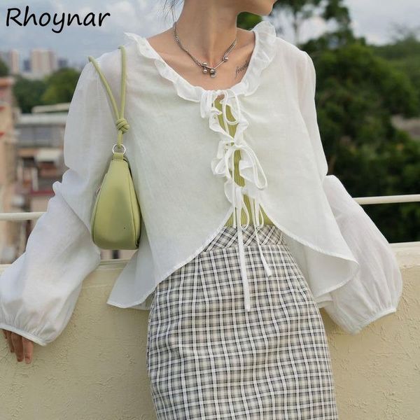 

women's blouses & shirts women white simple all-match breathable girls cute fashion elegant leisure lace-up comfortable solid korean s