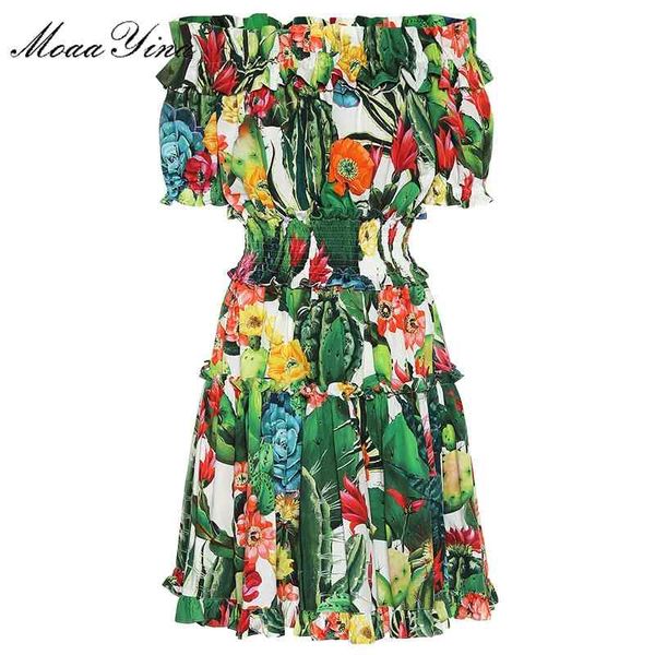 Modedesigner Runway Baumwollkleid Sommer Frauen Kurzarm Kaktus Blumendruck Elastische Taille Elegant 210524