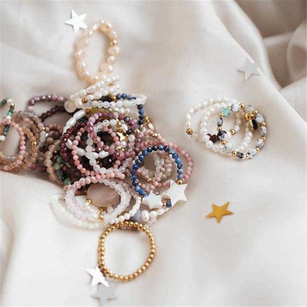 

bohemian handmade natural stone rings women with stainless steel bead multi color stretch rope wedding promise ring adjustable, Silver