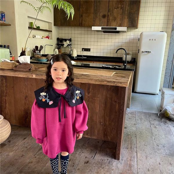 

girl's dresses winter fashion inner fleece loose princess dress girls embroidery turn-down collar thick 2-7y, Red;yellow