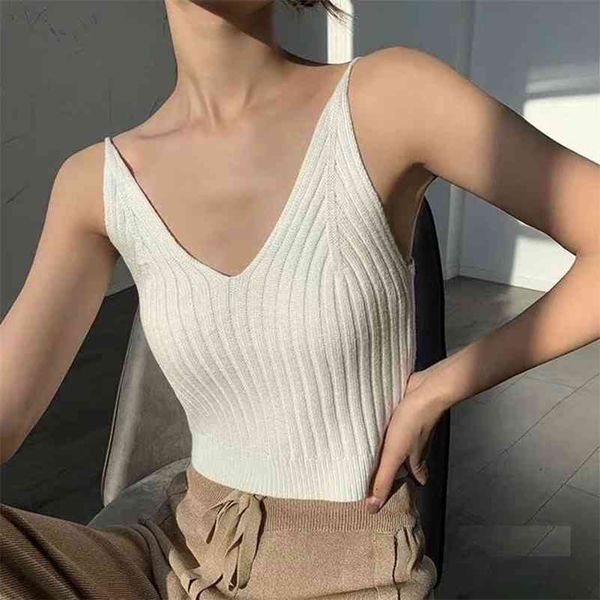 

women camisoles female sleeveless vest under-waist intimates knitted bra v-neck short thin strap elegant office basic 210719, White