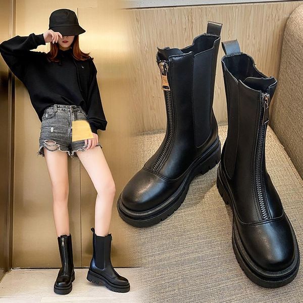 

brand women's shoes boots-women flat heel round toe booties ladies clogs platform winter footwear zipper fashion 2021 rubber boots1, Black